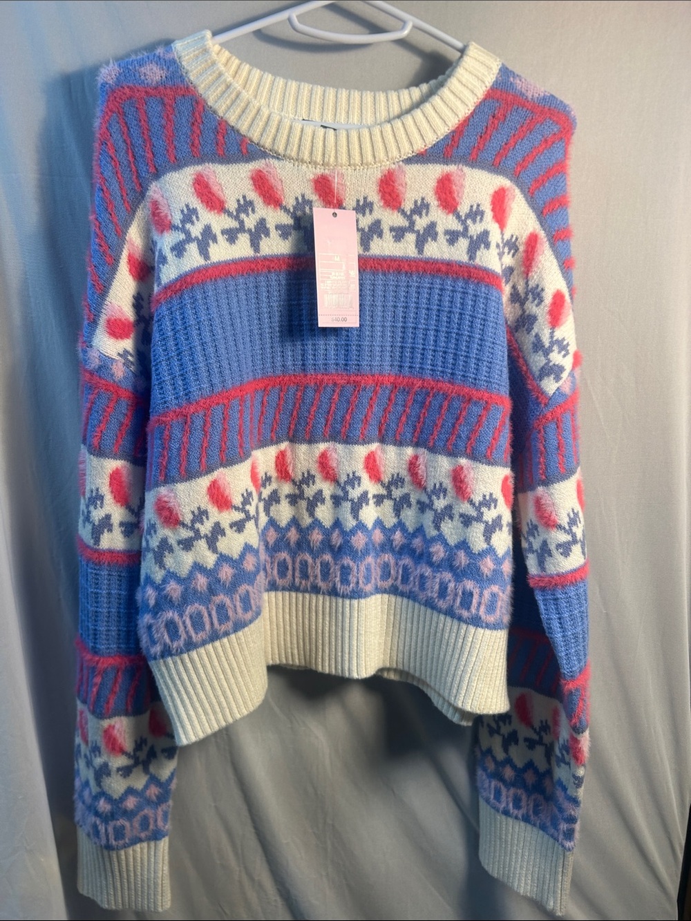 wild fable Blue, Cream & Pink Patterned Crewneck Sweater
